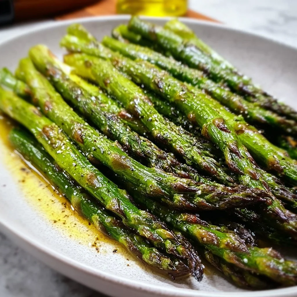Delicious roasted baked asparagus drizzled with olive oil on a plate