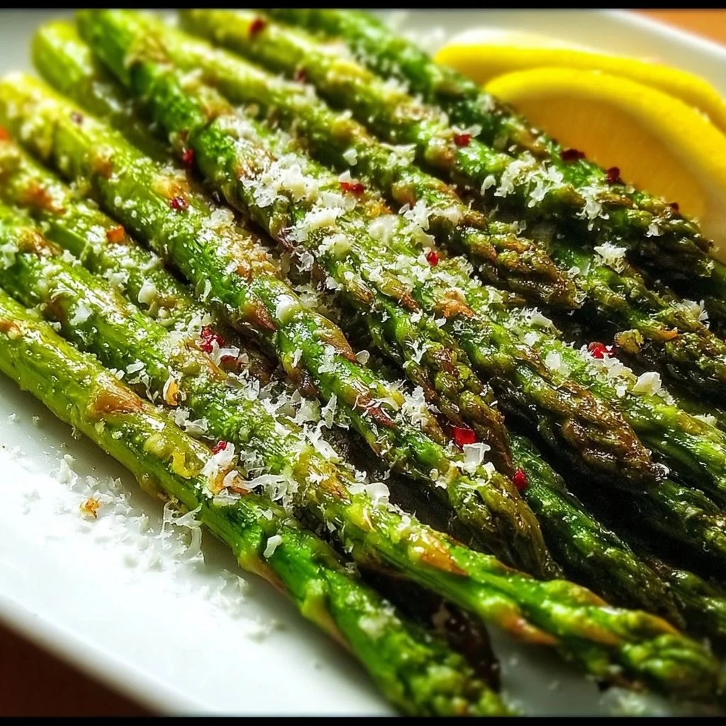 A plate of roasted asparagus topped with melted Parmesan cheese