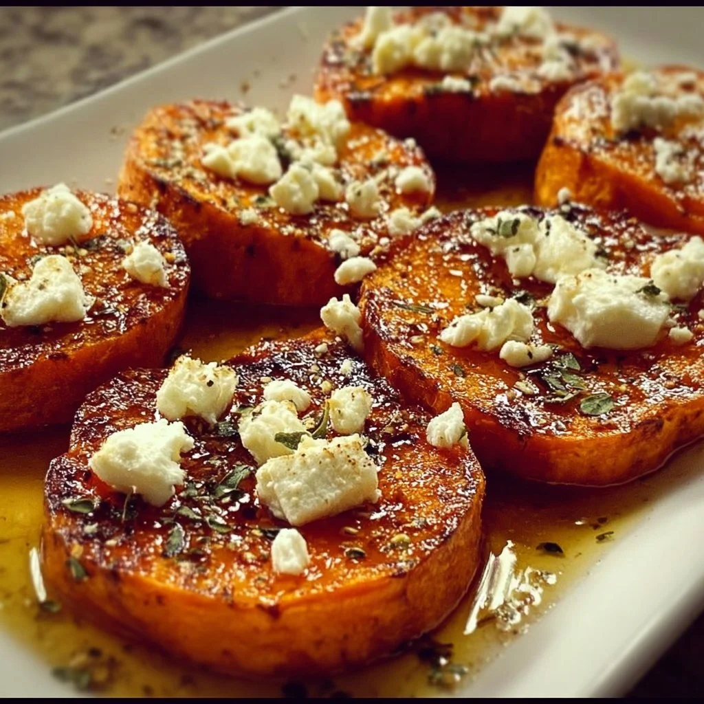 Roasted sweet potato rounds topped with honey and feta cheese.