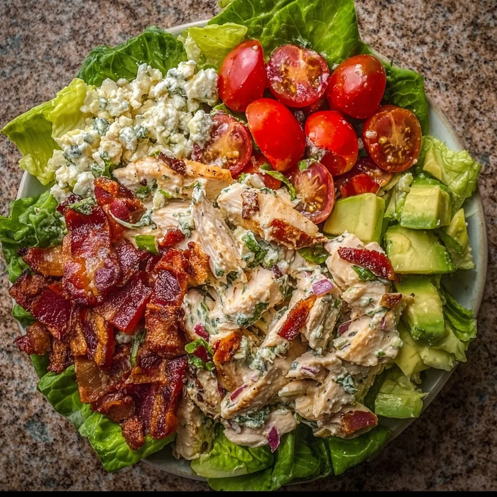 Savory BLT Chicken Salad with chicken, bacon, lettuce, and tomatoes