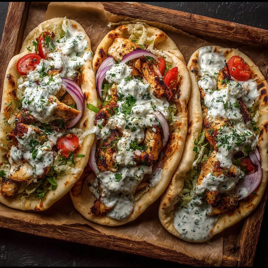 Sheet pan chicken pitas topped with herby ranch dressing