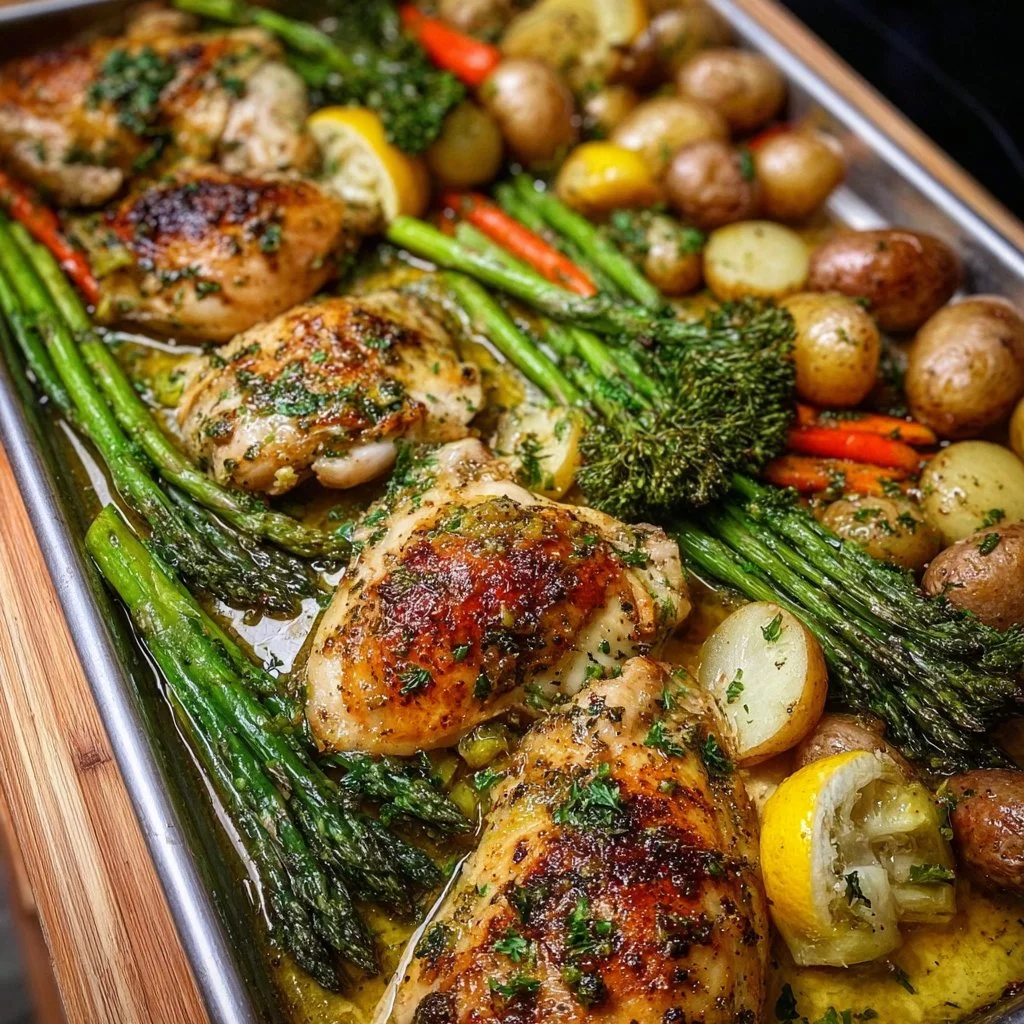 Sheet pan garlic butter chicken with mixed veggies cooked to perfection.