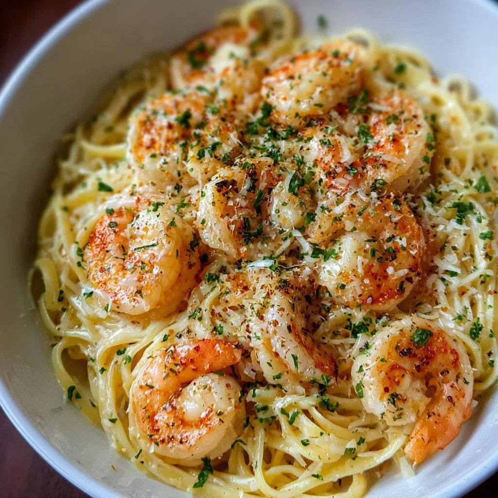 Delicious Shrimp Scampi Garlic Cream Pasta served in a bowl