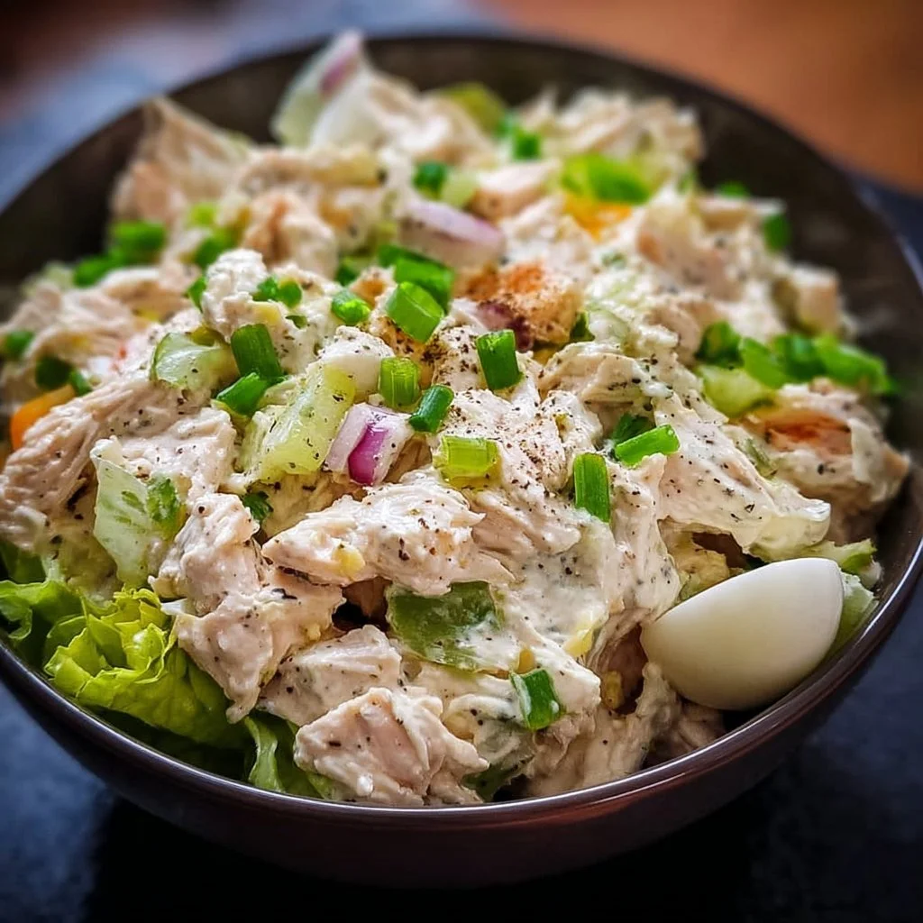 Bowl of simple chicken salad with fresh vegetables and herbs.