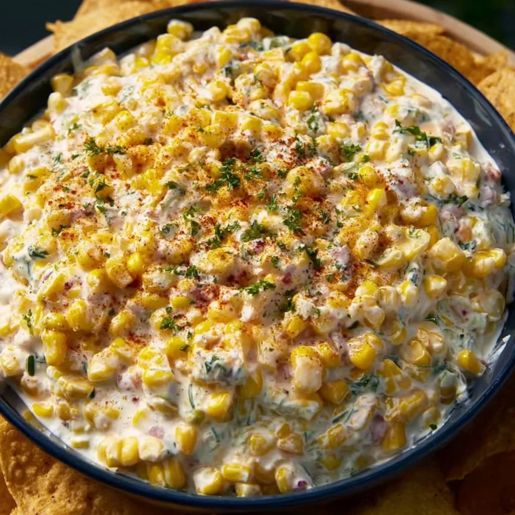 Delicious cold street corn dip served with tortilla chips at a party