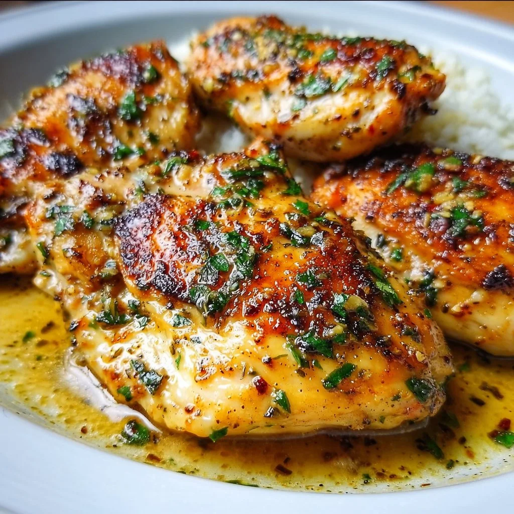 Delicious garlic butter chicken served on a plate, garnished with herbs.