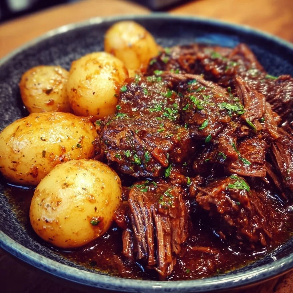 Slow Cooker Garlic Butter Beef with Potatoes 3 Slow cooker garlic butter beef with potatoes served in a bowl