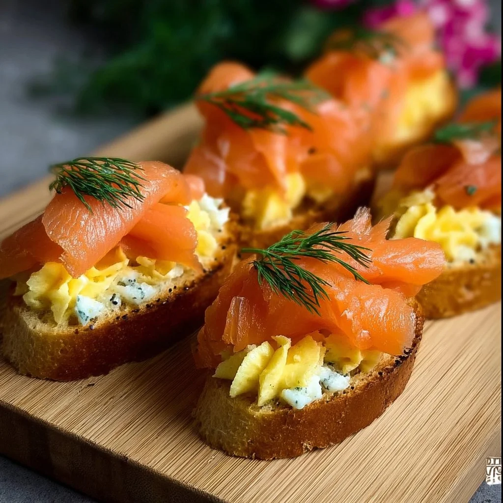 Elegant smoked salmon crostini topped with cream cheese and fresh herbs