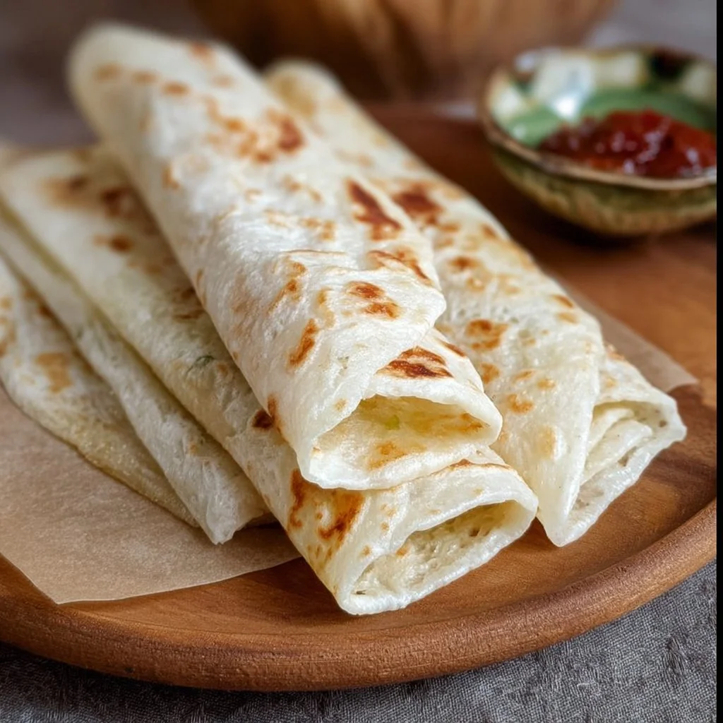 Soft & Flexible Gluten-Free Tapioca Wraps (3 Ingredients!) 2 Three-ingredient gluten-free tapioca wraps on a wooden board