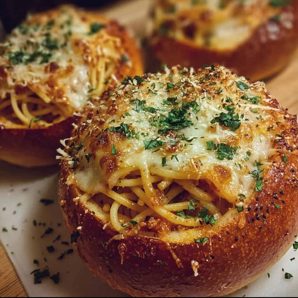 Spaghetti garlic bread bowls filled with creamy pasta and herbs