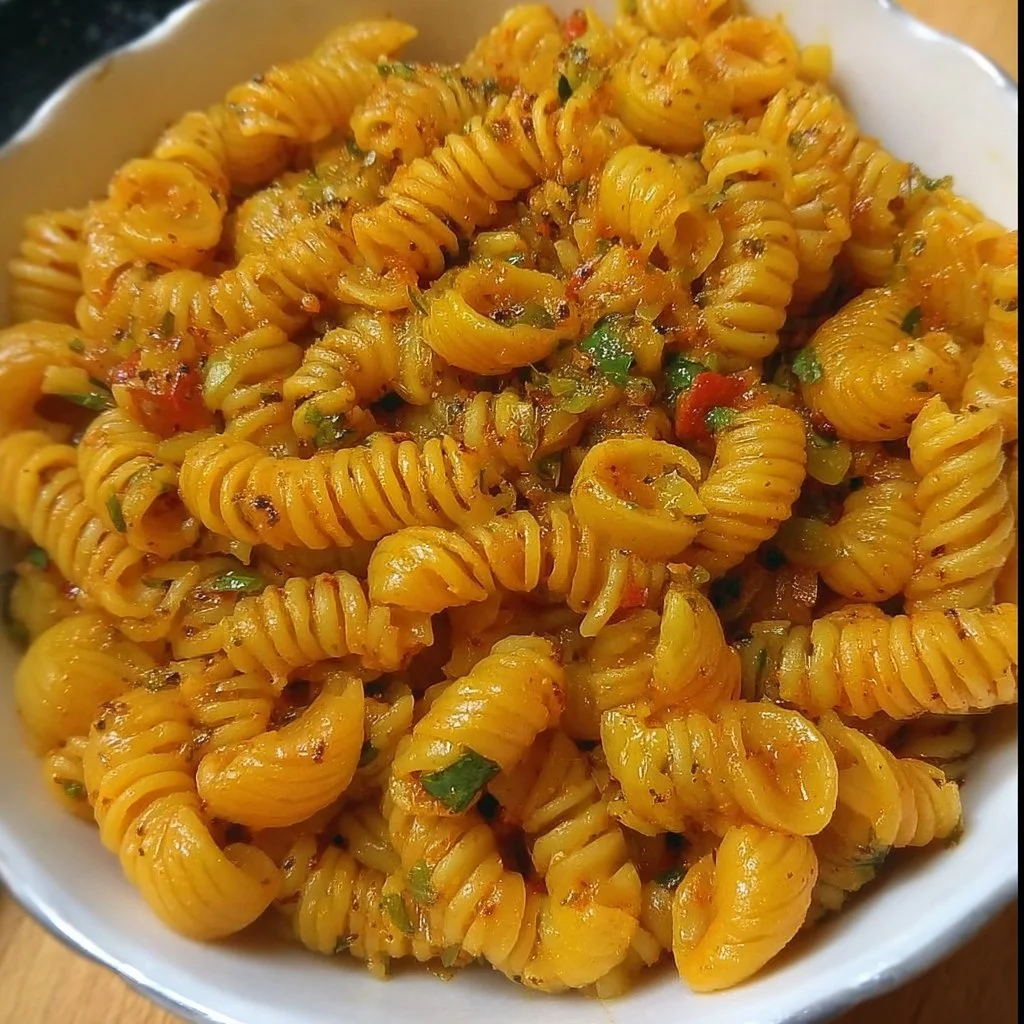 A bowl of spiced macaroni pasta garnished with herbs and spices.