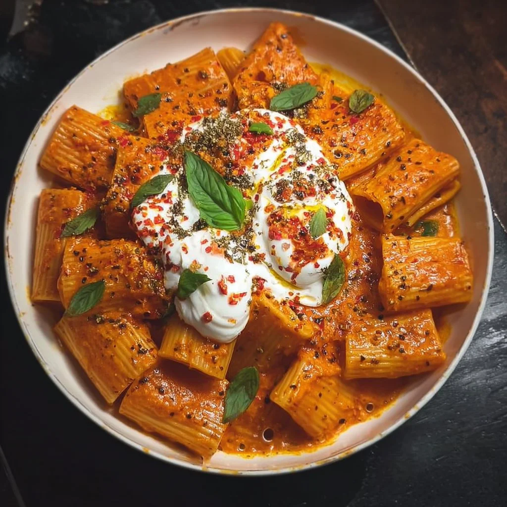 Spicy Burrata Rigatoni served in a bowl with fresh basil and chili flakes.