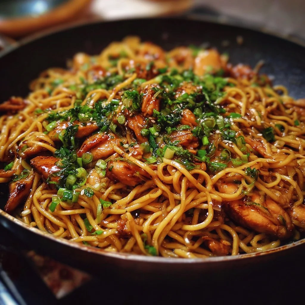 Delicious Sticky Garlic Chicken Noodles served in a bowl with garnishes