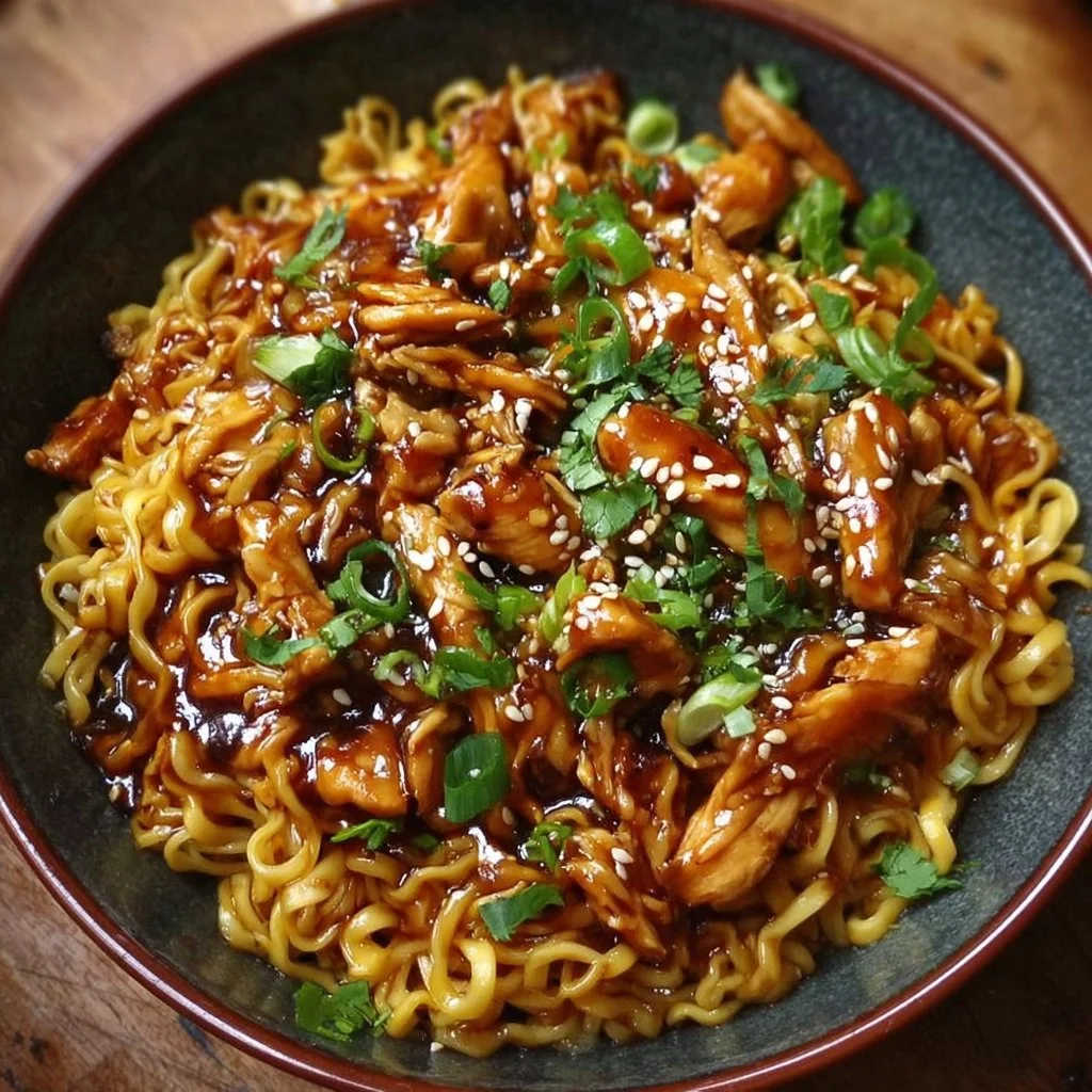 Delicious sticky garlic chicken noodles served in a bowl, garnished with herbs.