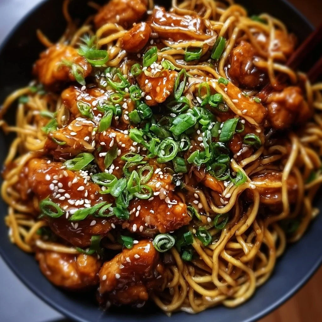 Delicious sticky garlic chicken served with noodles