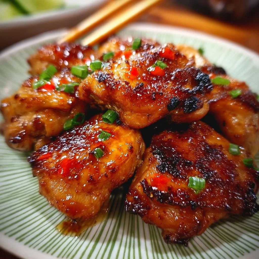 Sticky sweet chili chicken thighs made in an air fryer, garnished and plated.