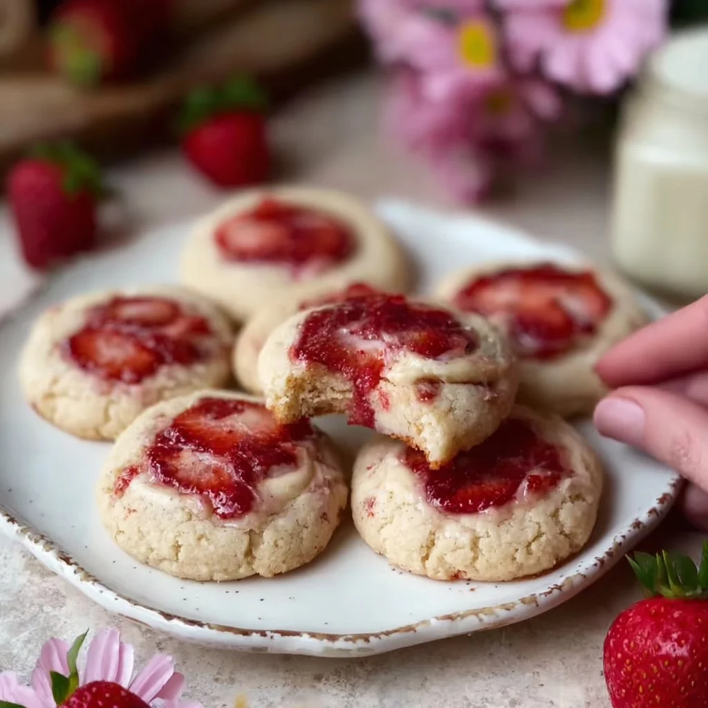 Freshly baked strawberry cheesecake cookies stacked on a plate.