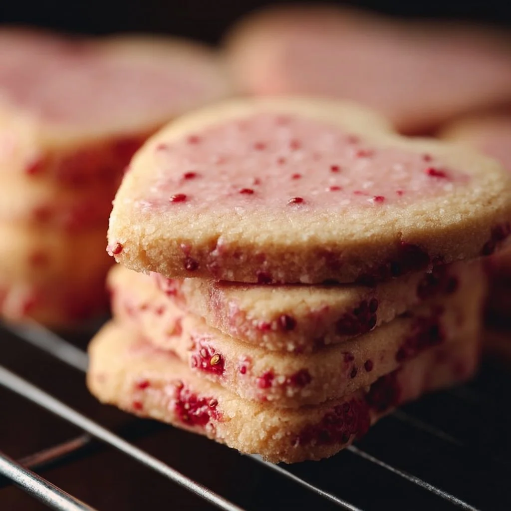 Freshly baked strawberry shortbread cookies with a strawberry garnish