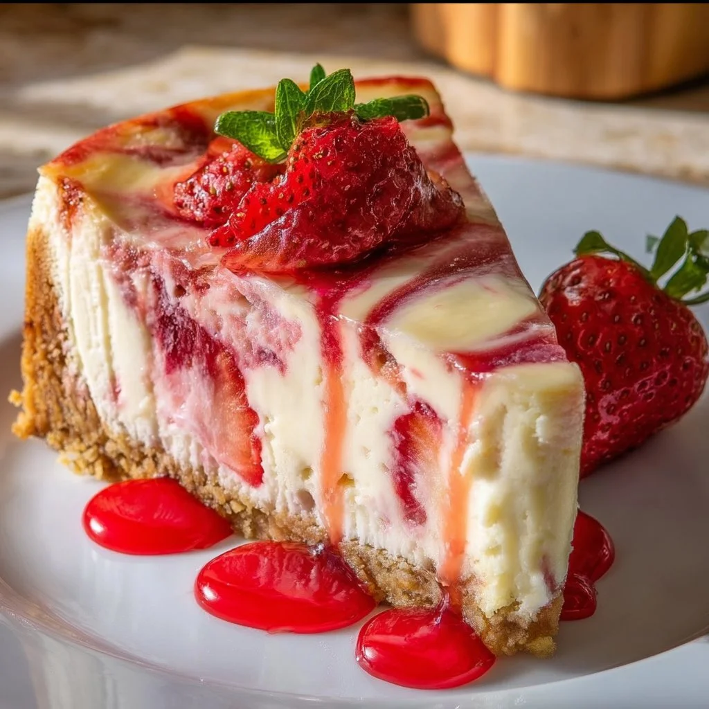 Homemade strawberry swirl cheesecake topped with fresh strawberries