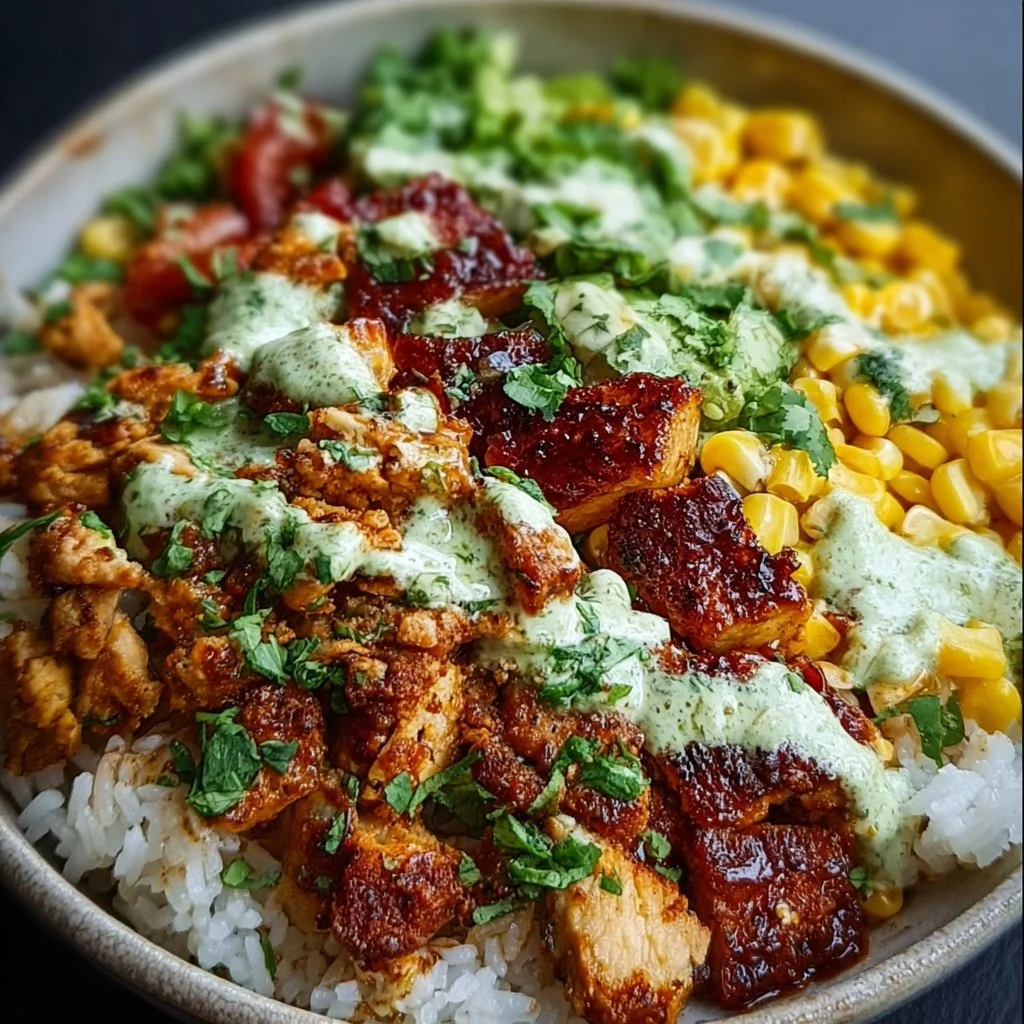 Delicious Street Corn Chicken Rice Bowl with tender chicken and fresh corn