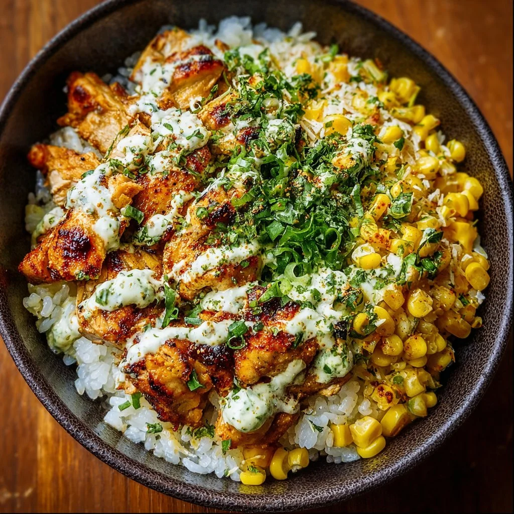 Street Corn Chicken Rice Bowl 2 Delicious Street Corn Chicken Rice Bowl topped with fresh corn and spices