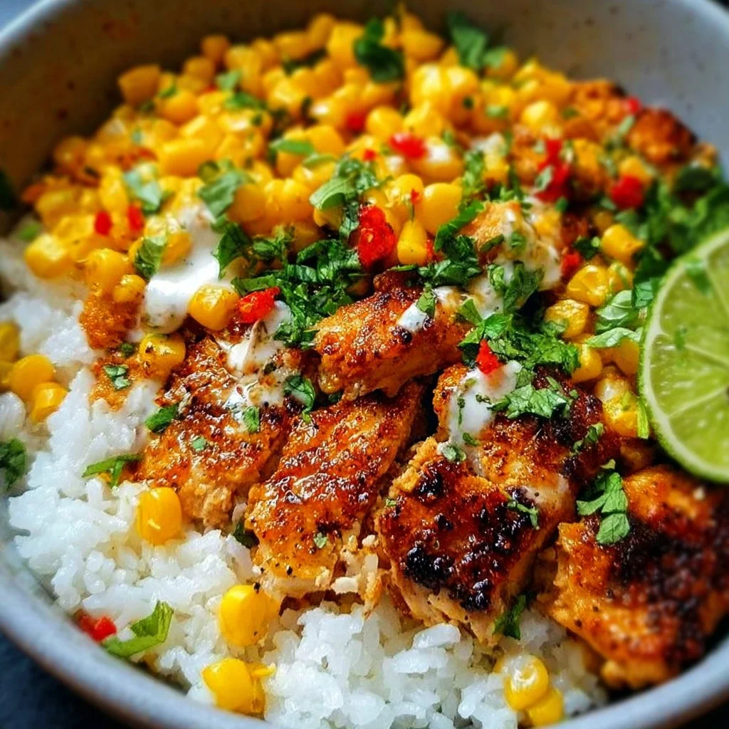 Delicious Street Corn Chicken Rice Bowl with colorful toppings