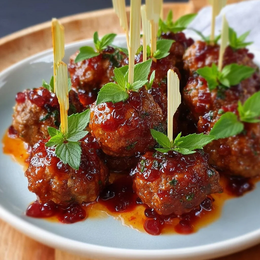 Sweet and Savory Meatballs with Grape Jelly Glaze on a serving platter