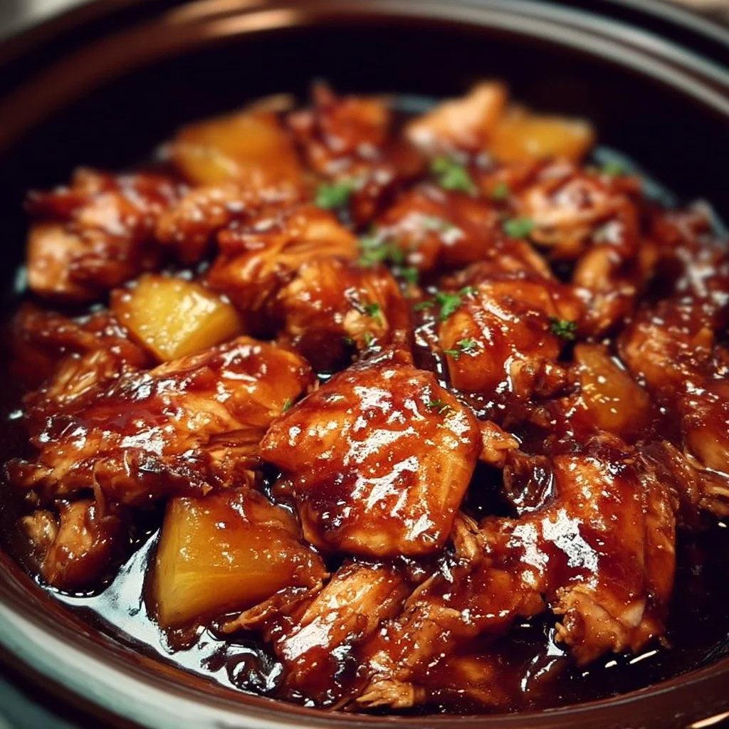 Sweet Hawaiian Crockpot Chicken cooked with pineapple and spices in a slow cooker.