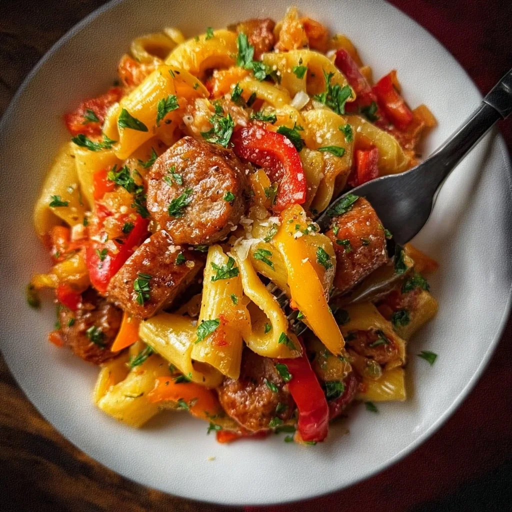 Delicious Sweet Pepper & Sausage Pasta dish served with fresh herbs.
