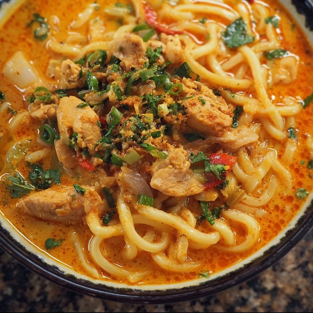Bowl of Thai-inspired coconut red curry chicken udon garnished with herbs