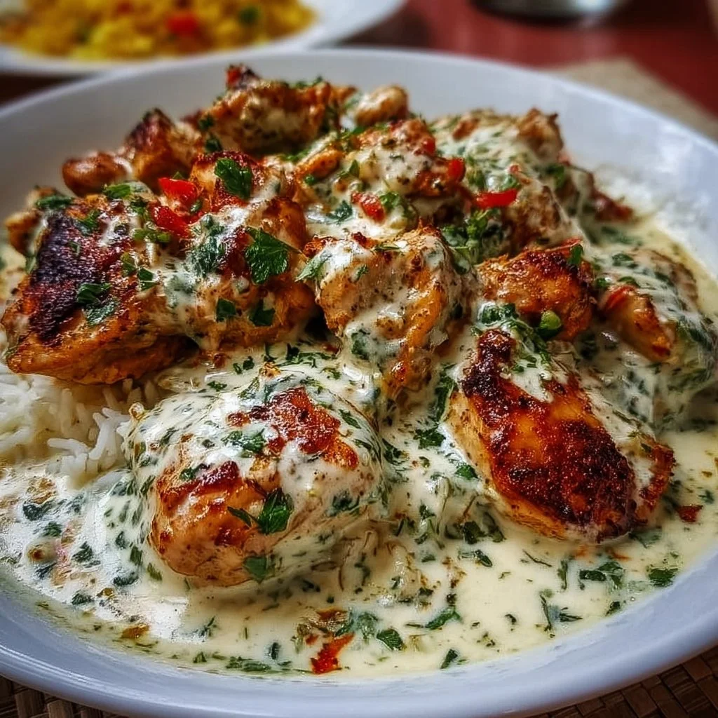 Delicious Turkish chicken served with creamy white sauce garnish