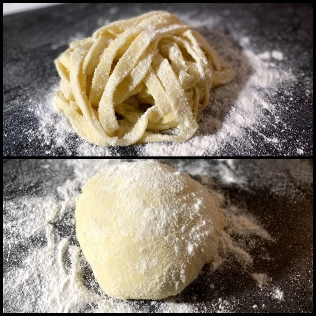 Two-ingredient gluten-free pasta dough on a wooden surface.