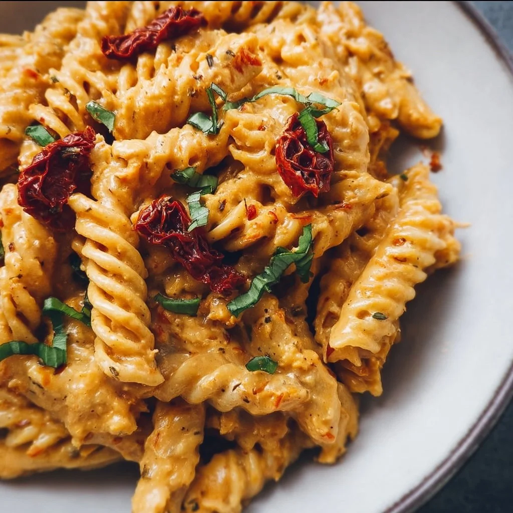 Vegan Creamy Sun-Dried Tomato Pasta (Vegan, Dairy-Free) 2 Vegan Creamy Sun-Dried Tomato Pasta in a bowl topped with fresh basil