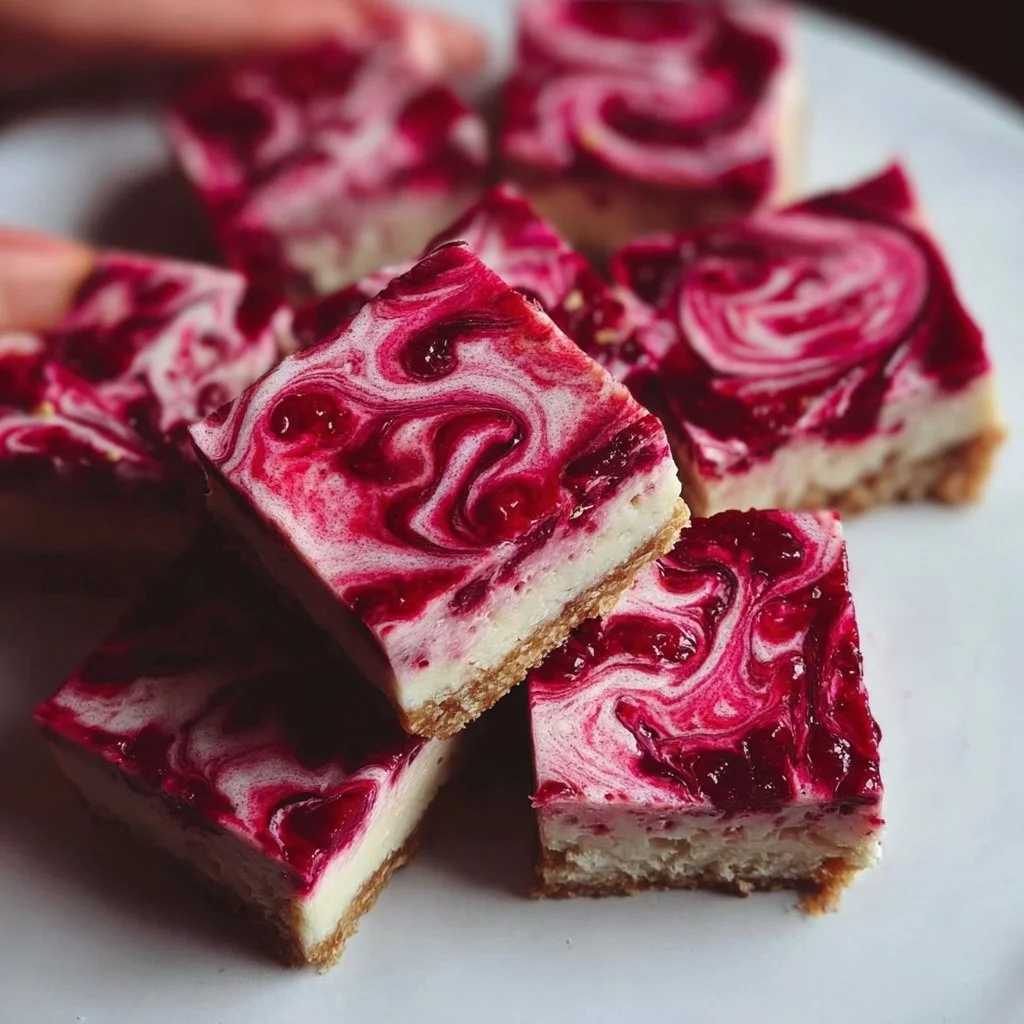 Vegan Raspberry Cheesecake Bars 3 Vegan raspberry cheesecake bars on a white plate, garnished with fresh raspberries.