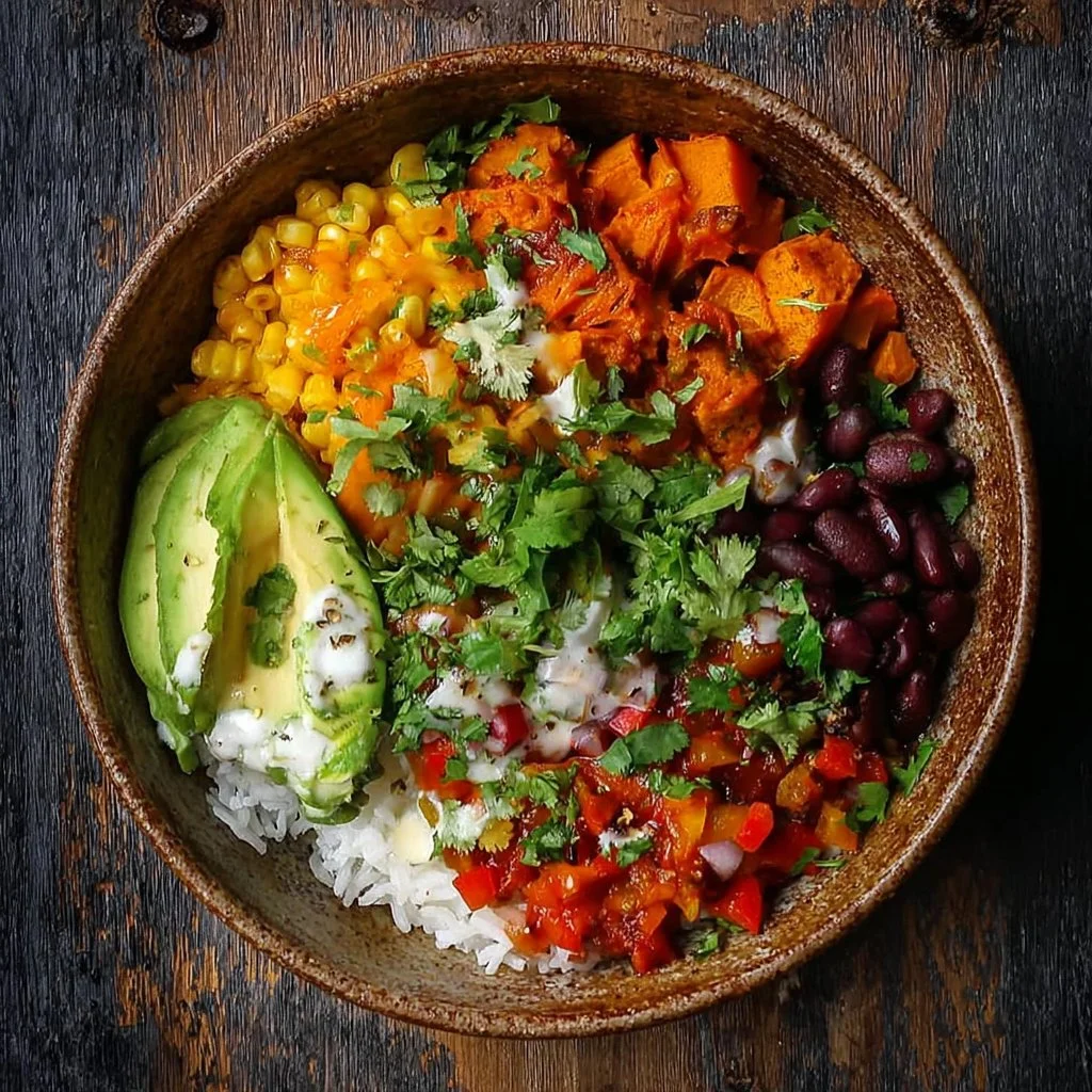 Vegan sweet potato burrito bowl filled with fresh ingredients and vibrant colors.