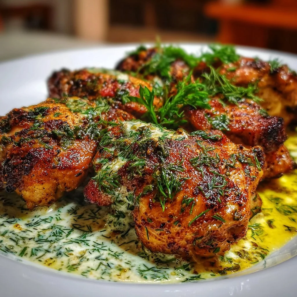 Yogurt marinated chicken thighs garnished with herbs on a plate