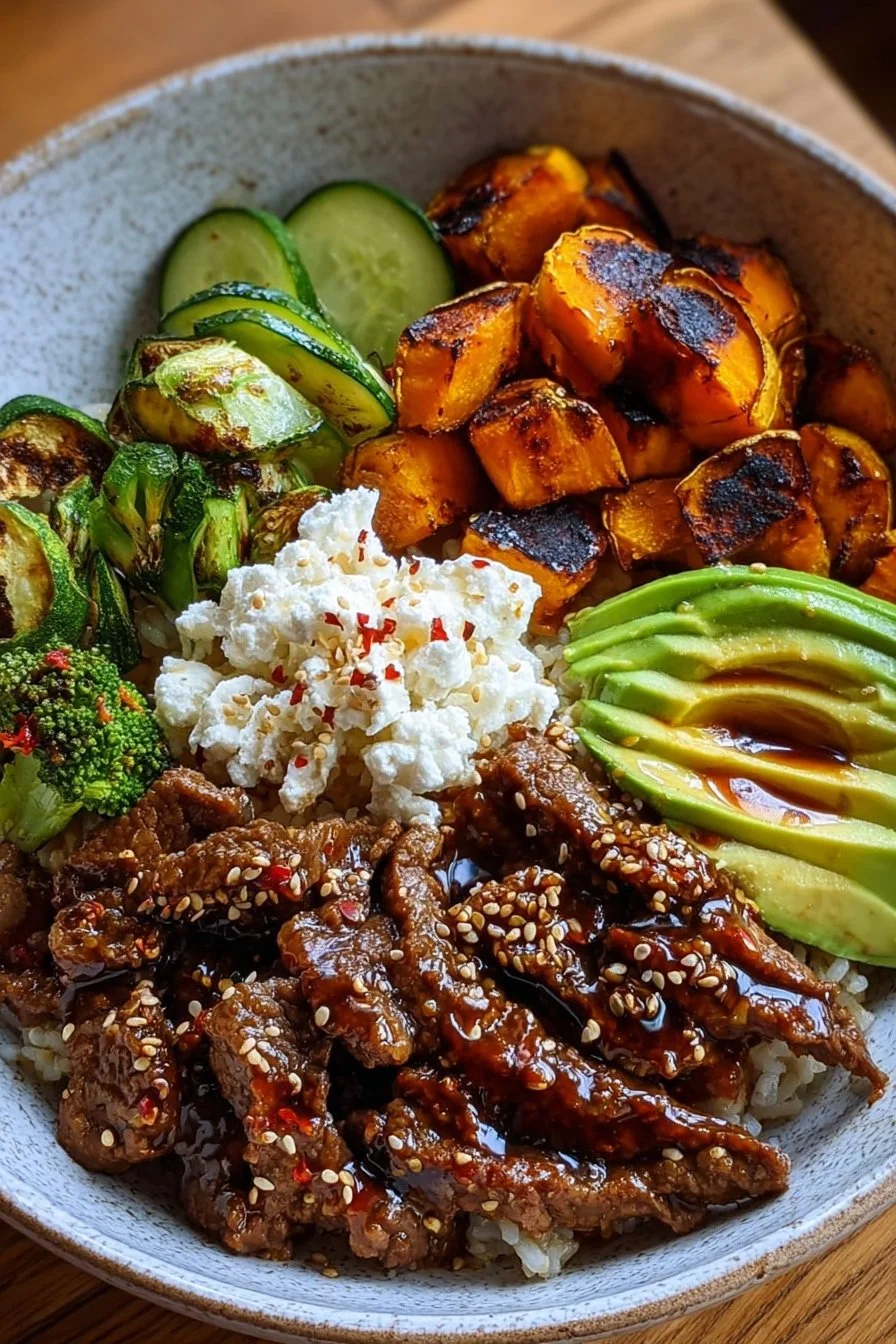 45g Protein Hot Honey Beef Bowl – Sweet & Spicy Perfection 1 Protein Hot Honey Beef Bowl with sweet and spicy flavors, rich in protein, healthy meal.
