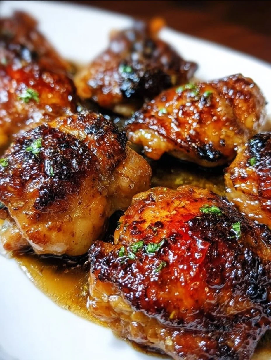 Baked honey garlic chicken thighs served on a plate with fresh herbs