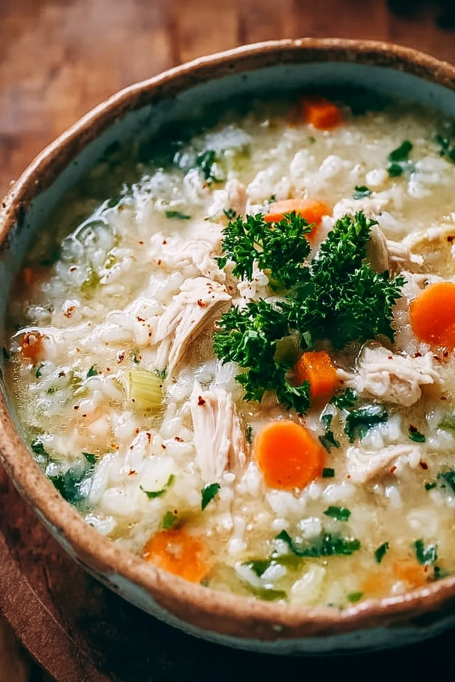 Bowl of best crack chicken rice soup garnished with herbs and spices