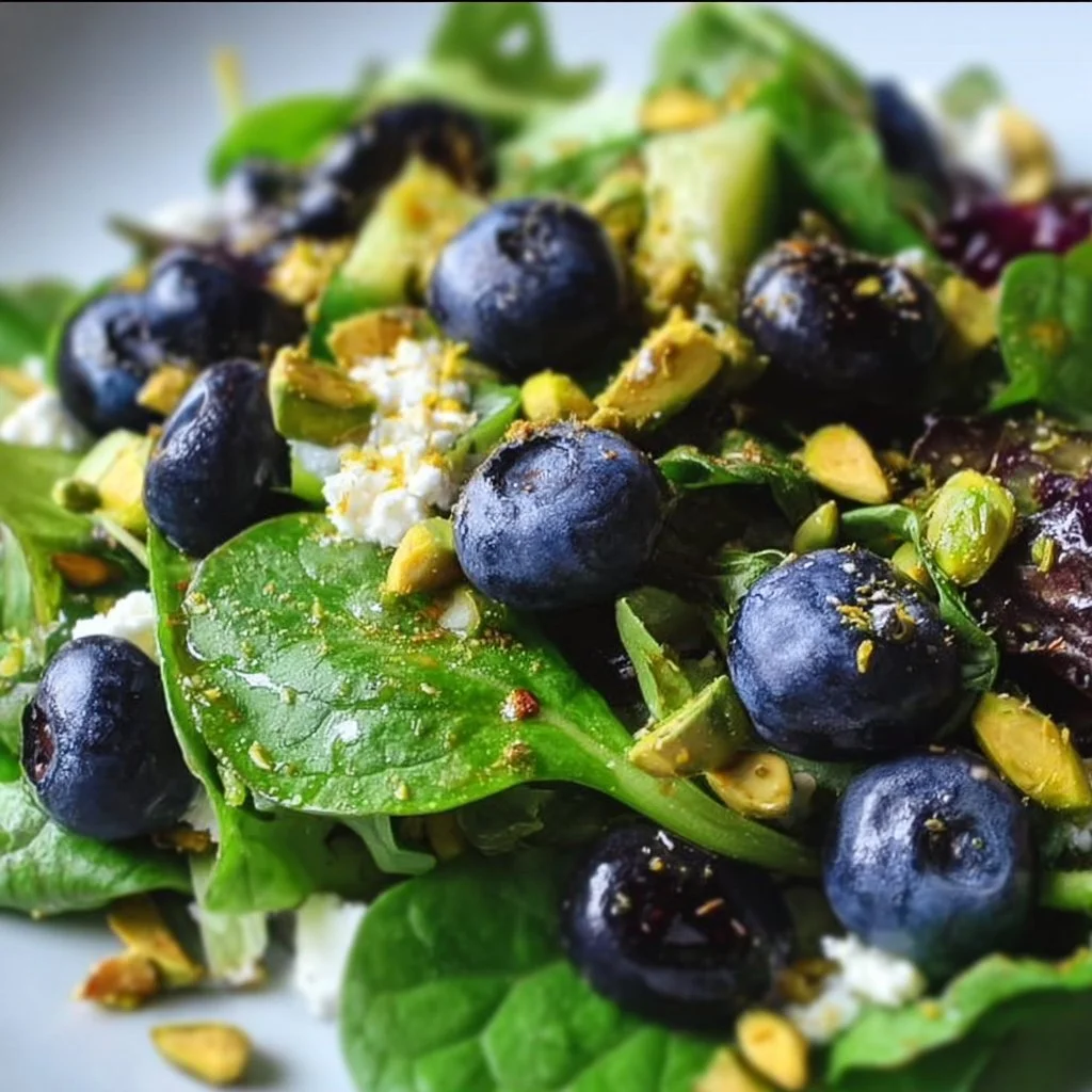 Fresh Blueberry Pistachio Salad with seasonal greens and delicious toppings.