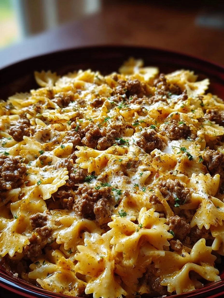 Cajun Cream Cheese Alfredo Bowties with Spiced Ground Beef served in a bowl