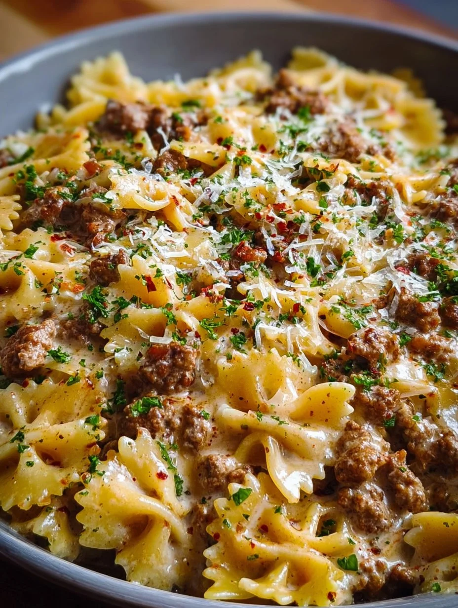 Cajun Cream Cheese Alfredo Bowties with Spiced Ground Beef