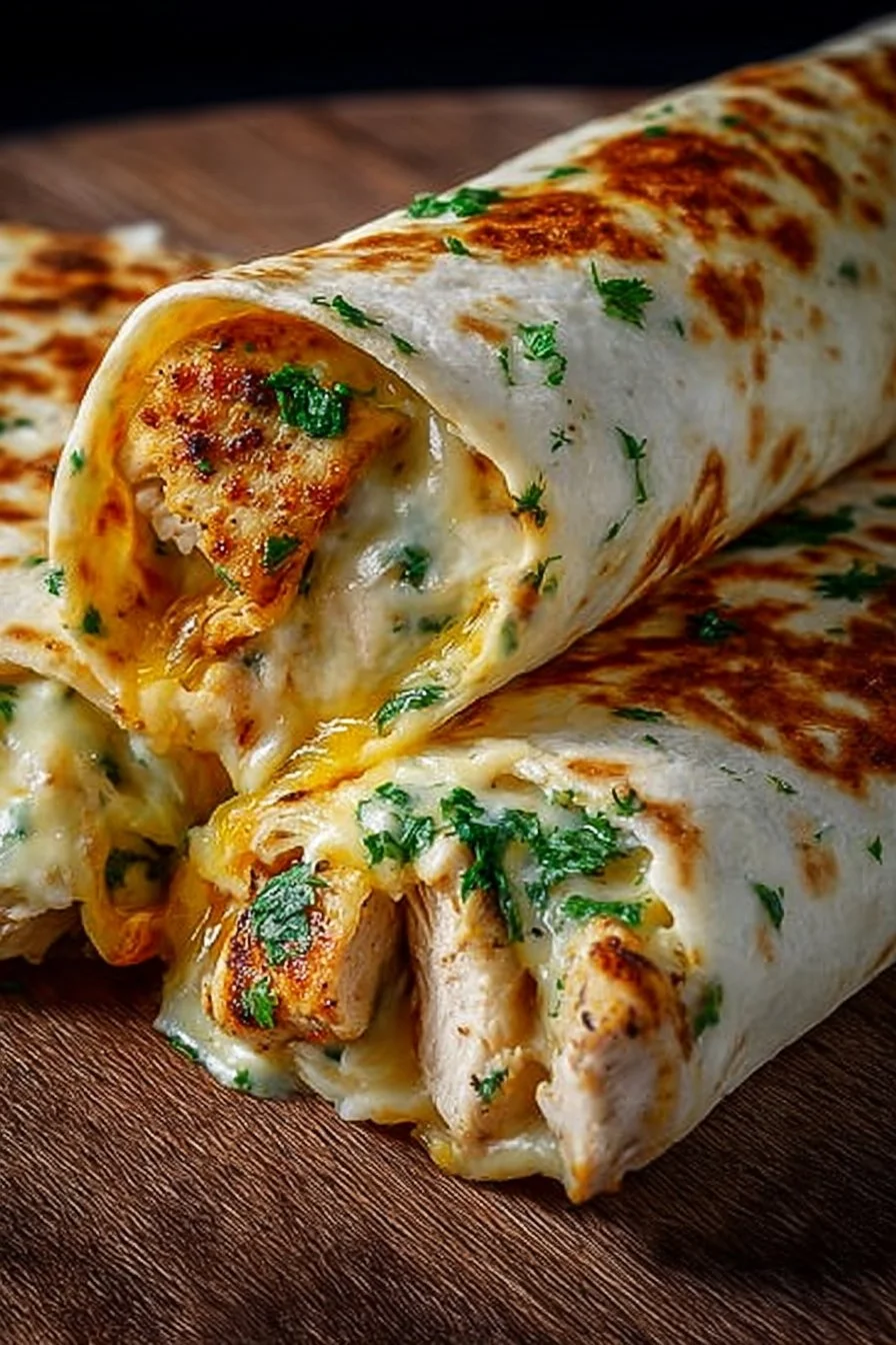 Cheesy Garlic Chicken Wraps with fresh ingredients and cheese