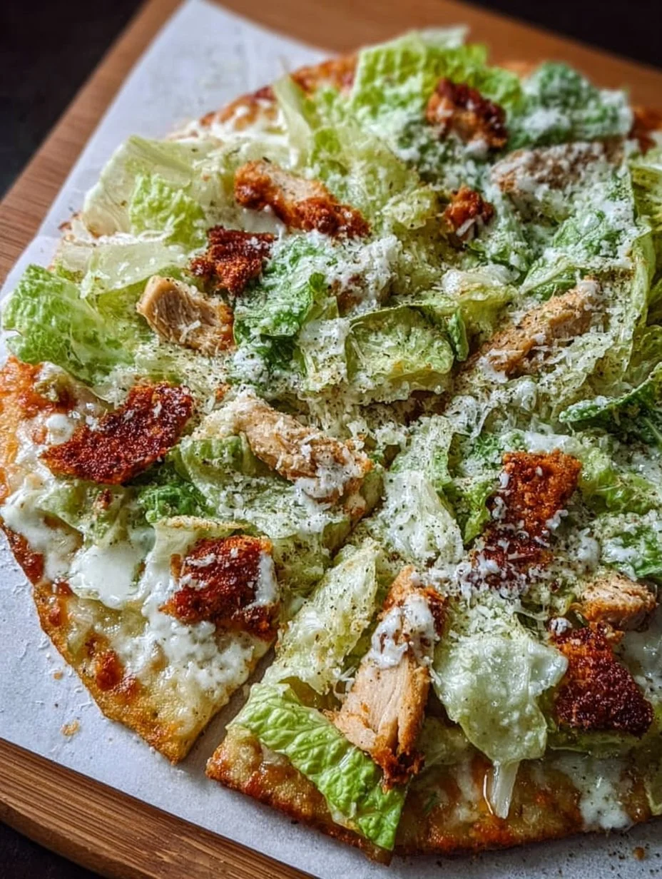 Chicken Caesar Salad Pizza with fresh greens and grilled chicken topping