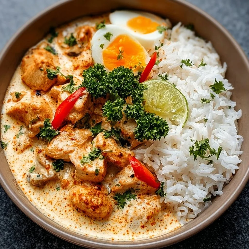 Delicious Coconut Chicken Rice Bowl with tender chicken and aromatic coconut rice.