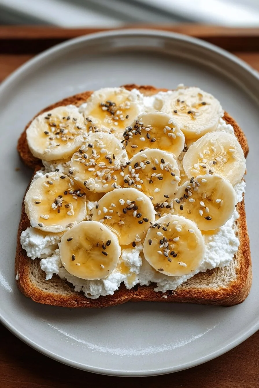 Cottage cheese and banana toast on a plate with a fork, healthy breakfast idea.
