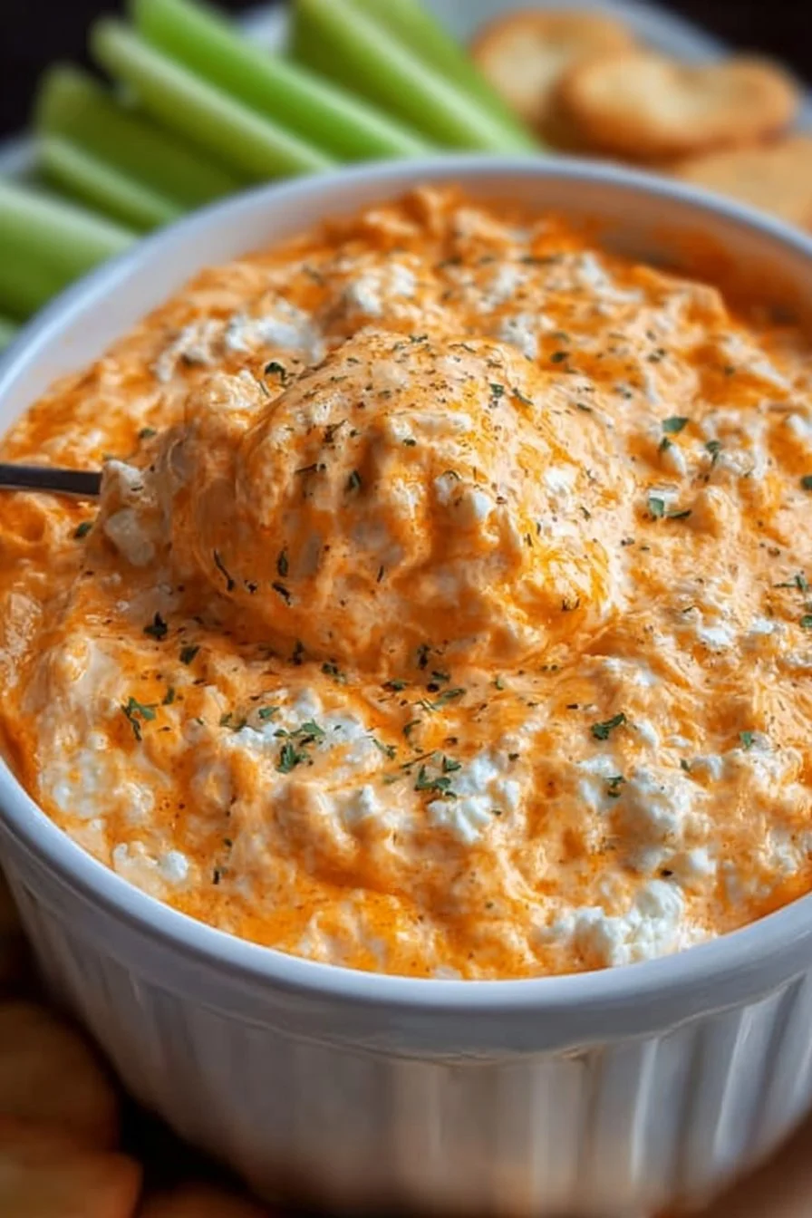 Cottage Cheese Buffalo Chicken Dip served in a bowl with tortilla chips