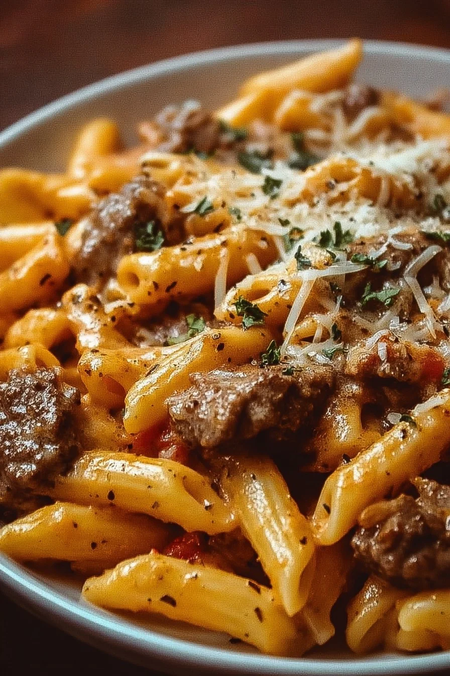 Creamy Beef Pasta 1 Creamy beef pasta dish garnished with herbs