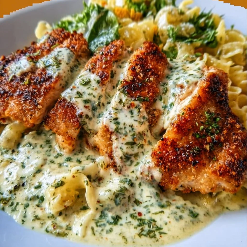 Creamy Parmesan Caesar Chicken served with fresh greens and dressing