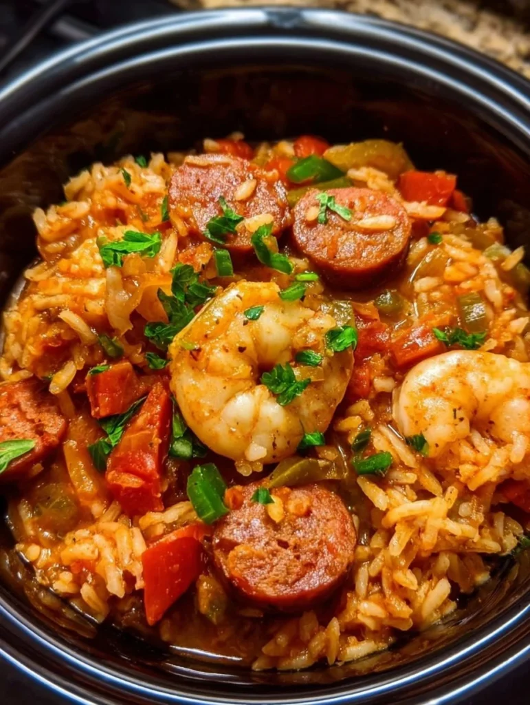 A flavorful bowl of Crockpot Jambalaya filled with shrimp, sausage, and rice.